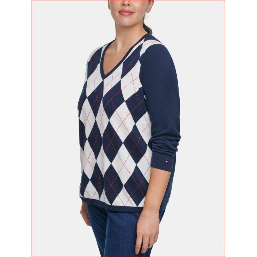 Tommy Hilfiger Navy Blue Argyle V-Neck Sweater Women 0X W9XS0417 TJZYNK088